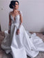 Charming Long Sleeves Lace Top Satin A Line With Train Long Wedding Dresses, WD1112