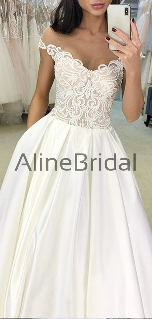 Pretty Cap Sleeves Lace Top Satin A Line Long Wedding Dresses, WD1113