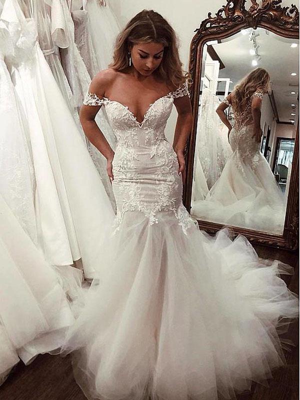 Sexy Off Shoulder V Neck Lace Mermaid With Train Long Wedding Dresses, AlineBridal Sexy Off Shoulder V Neck Lace Mermaid With Train Long Wedding Dresses, AlineBridal