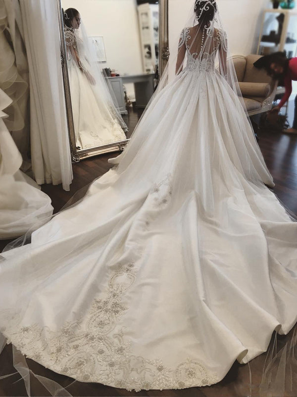 Gorgeous Long Sleeves Lace Applique A Line With Train Long Wedding Dre AlineBridal Gorgeous Long Sleeves Lace Applique A Line With Train Long Wedding Dre AlineBridal