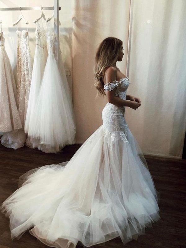 Sexy Off Shoulder V Neck Lace Mermaid With Train Long Wedding Dresses, AlineBridal Sexy Off Shoulder V Neck Lace Mermaid With Train Long Wedding Dresses, AlineBridal