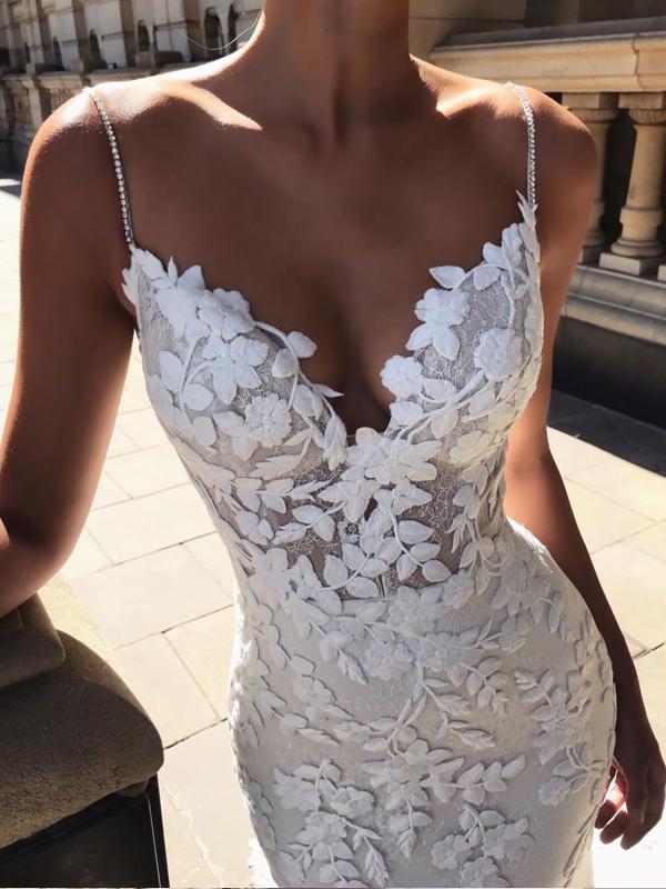 Chic Spaghetti Strap Backless Lace Applique Beaded Mermaid Wedding Dre – AlineBridal