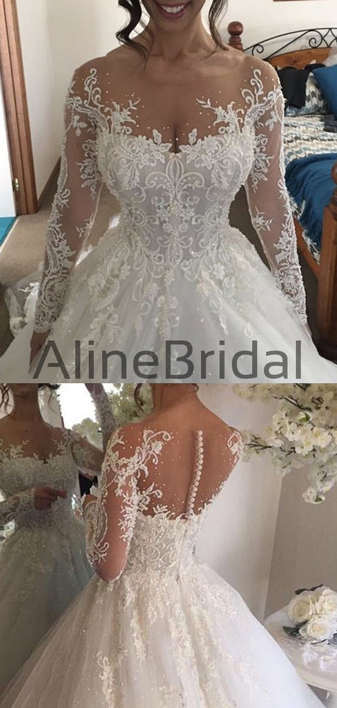 Gorgeous Long Sleeves Ivory Lace Applique Ball Gown Long Wedding Dresses, WD1109